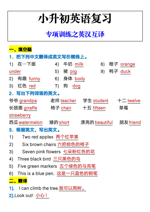 小升初英语复习 专项训练之英汉互译