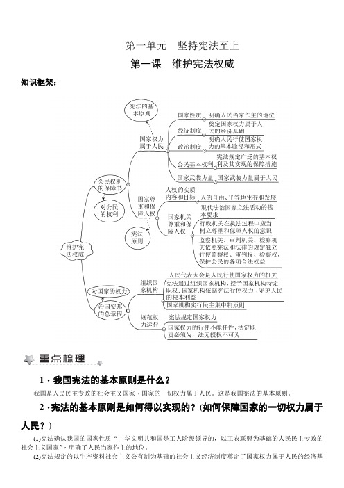 人教版道德与法治八年级下册第一课维护宪法权威知识点总结