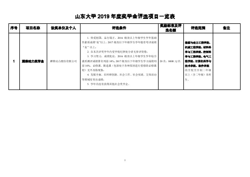 山东大学2019年度奖学金评选项目一览表