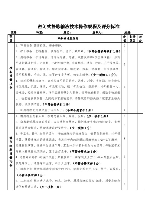 最新静脉输液技术评分标准