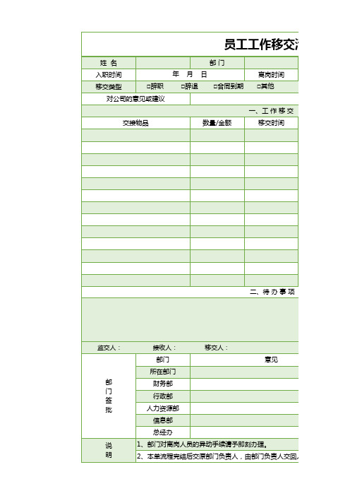 员工工作移交清单excel表格模板