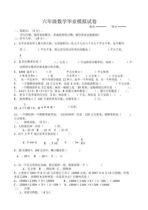 2009年小学数学毕业模拟试卷