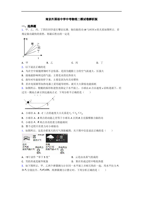 南京外国语中学中考物理二模试卷解析版