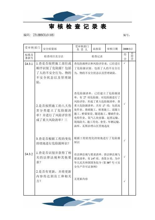 大广南项目现场审核检查记录表