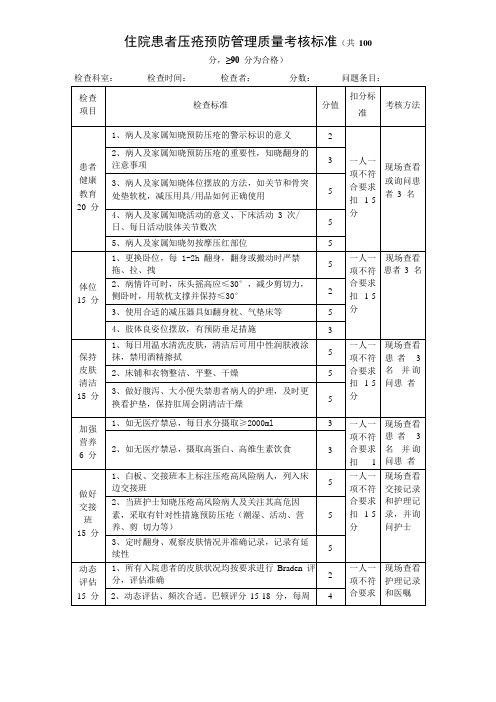 住院患者压疮预防管理质量考核标准