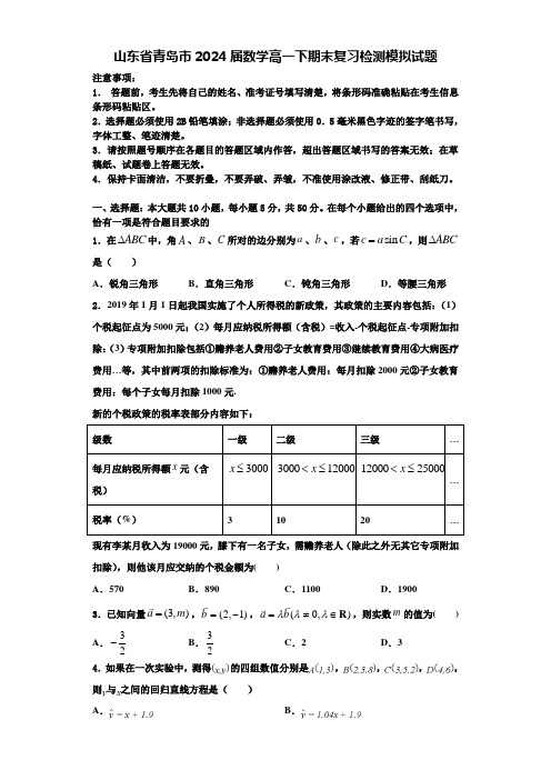 山东省青岛市2024届数学高一下期末复习检测模拟试题含解析