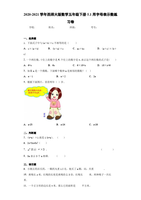 2020-2021学年西师大版数学五年级下册5.1用字母表示数练习卷 (1)