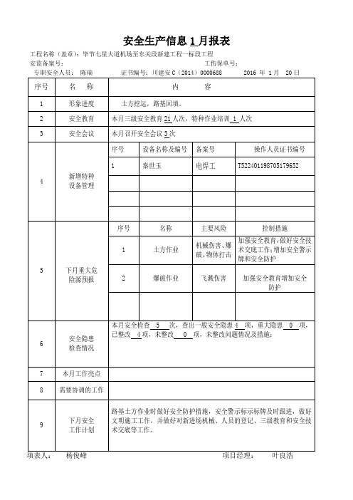 安全生产信息1月报表