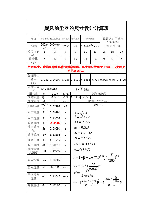 【考虑温度时】旋风除尘器各部分尺寸计算