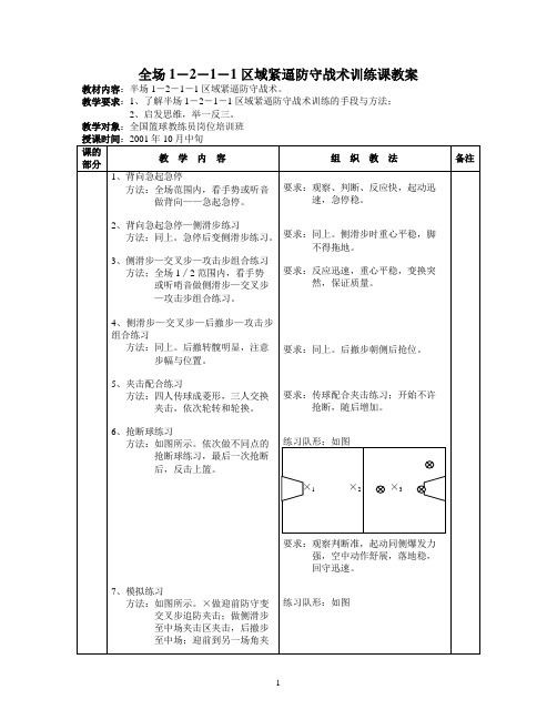 全场1―2―1―1区域紧逼防守战术训练课教案