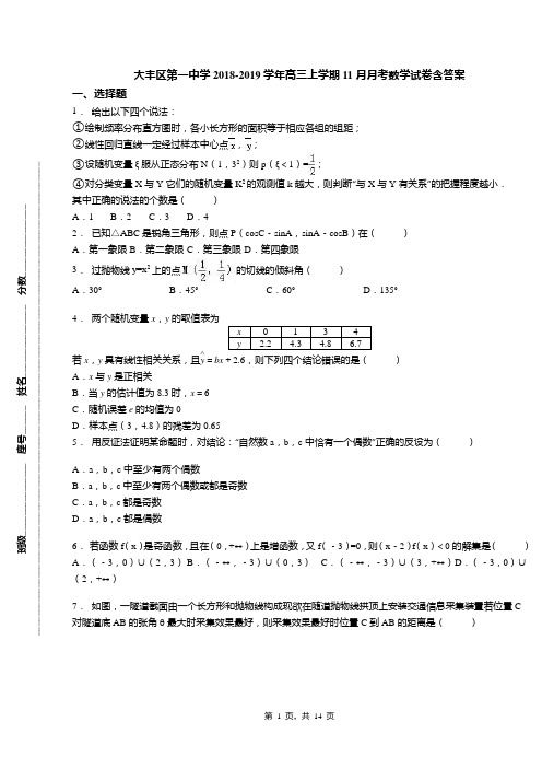 大丰区第一中学2018-2019学年高三上学期11月月考数学试卷含答案