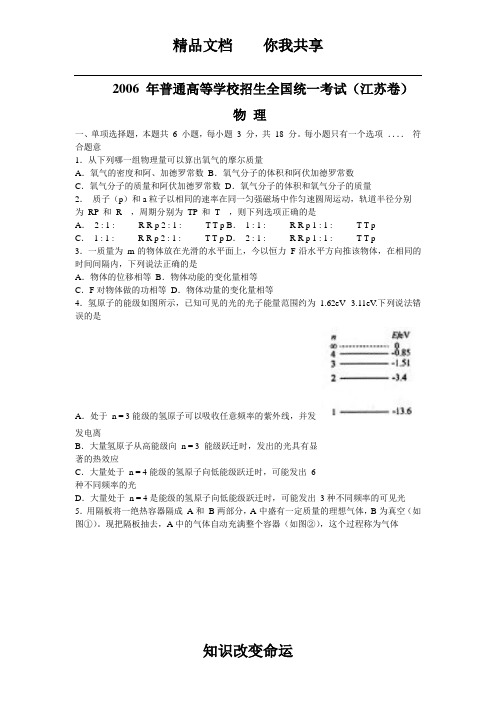 2006 年高考物理试题及答案(江苏卷)