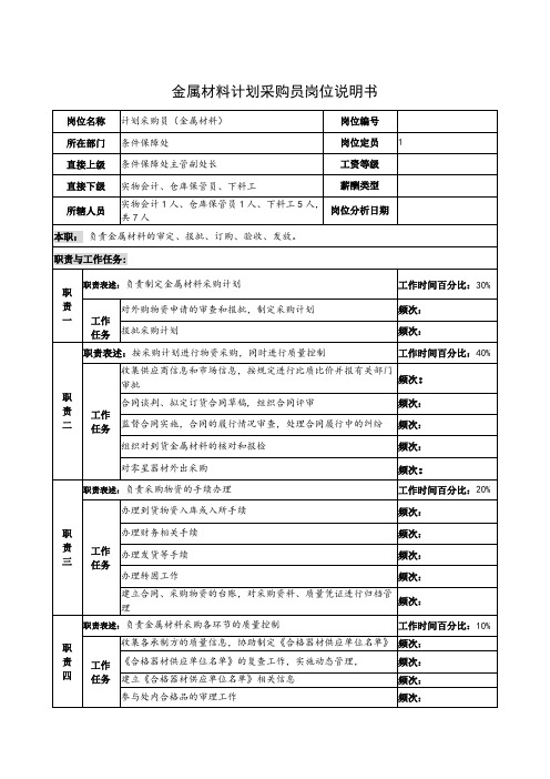 金属材料计划采购员岗位说明书