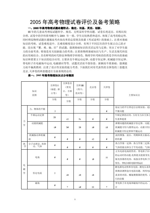 2005年高考物理试卷评价及备考策略