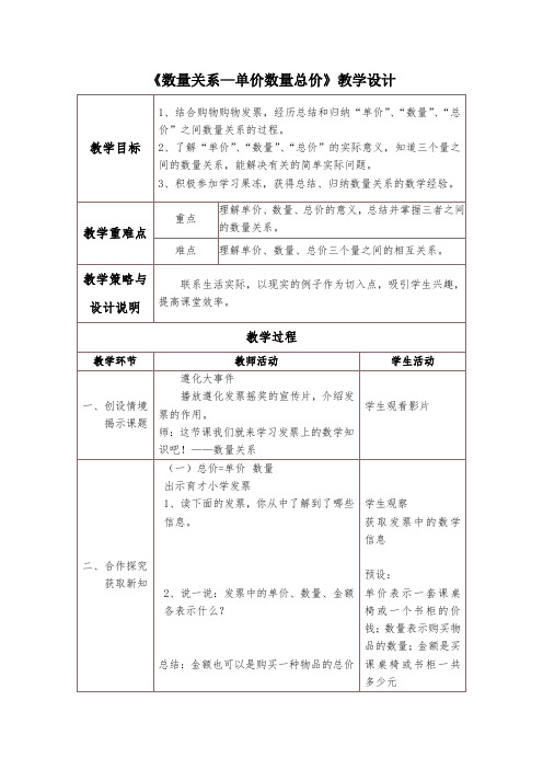 《数量关系—单价数量总价》教学设计