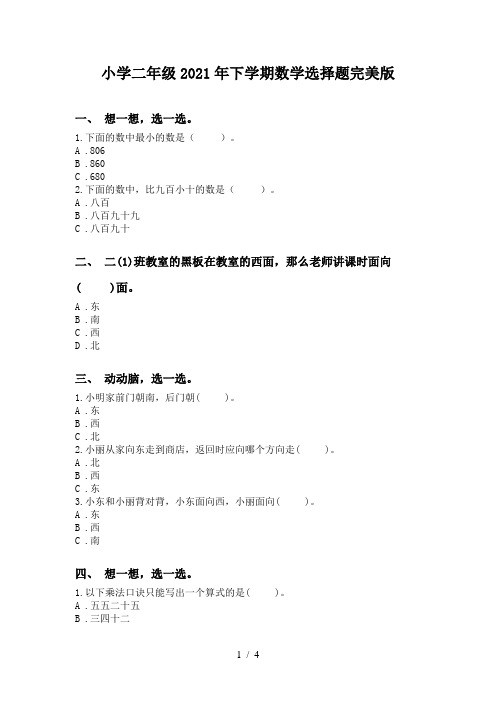 小学二年级2021年下学期数学选择题完美版