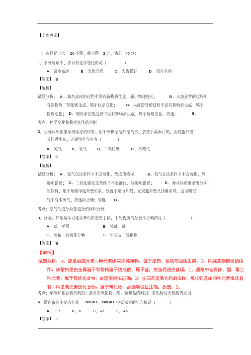 湖南郴州2020中考化学综合模拟测试卷(含解析)