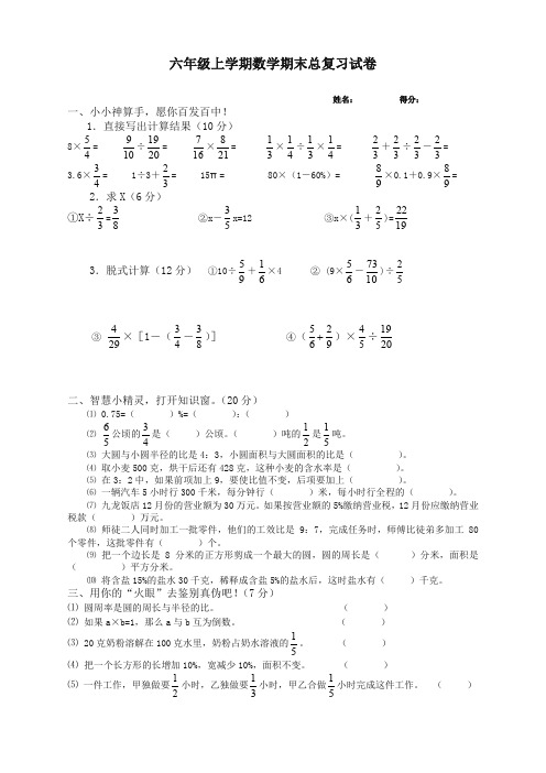 2019年六年级上学期数学期末总复习试卷(推荐精品)