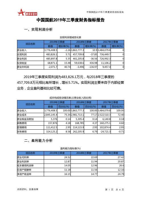 中国国航2019年三季度财务指标报告