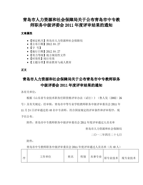 青岛市人力资源和社会保障局关于公布青岛市中专教师职务中级评委会2011年度评审结果的通知