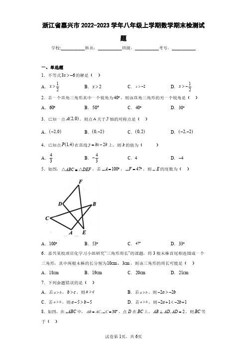 浙江省嘉兴市2022-2023学年八年级上学期数学期末检测试题(含答案解析)