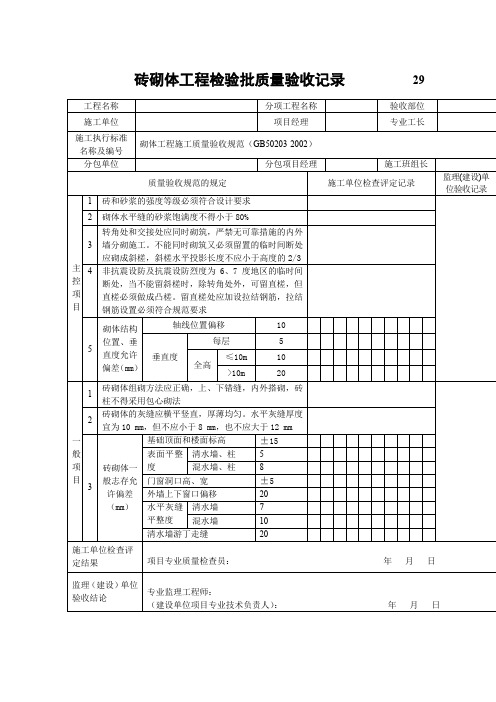 砖砌体工程检验批质量验收记录