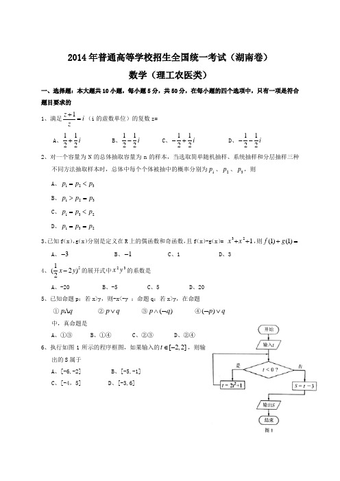 2014年全国高考理科数学试题及答案-湖南卷