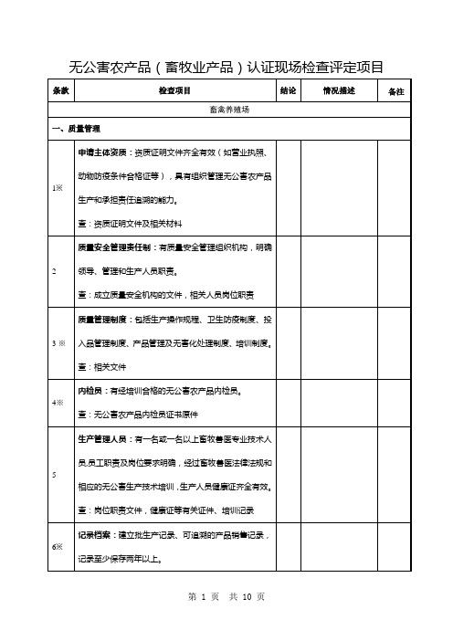 无公害农产品(畜牧业产品)认证现场检查评定项目表式样