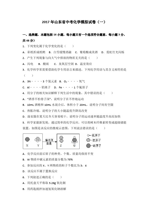 山东省2017届中考化学模拟试卷(解析版)(一)