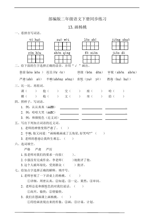 最新部编版二年级语文下册   13.画杨桃  同步练习题(有答案)