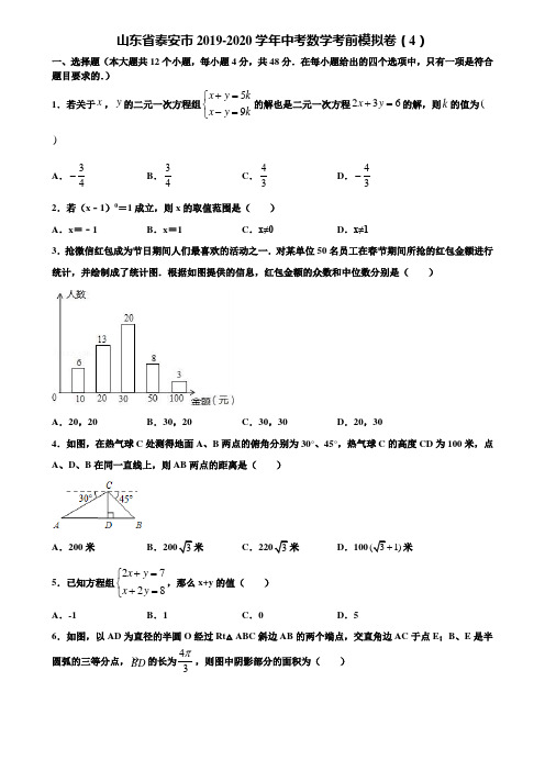 山东省泰安市2019-2020学年中考数学考前模拟卷(4)含解析