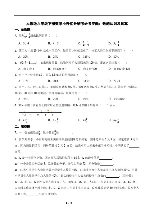 人教版六年级下册数学小升初分班考必考专题：数的认识及运算