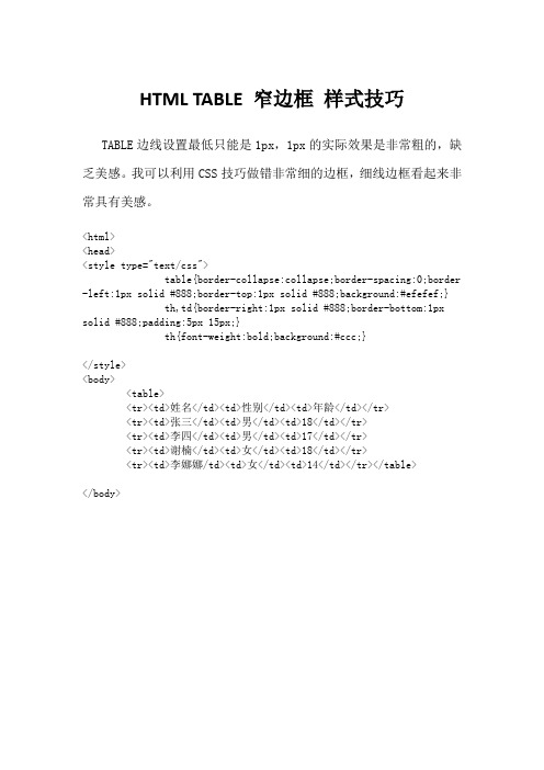 HTML TABLE 窄边框 样式技巧