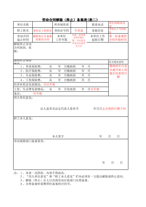 劳动合同解除(终止)备案表(表二)·范本