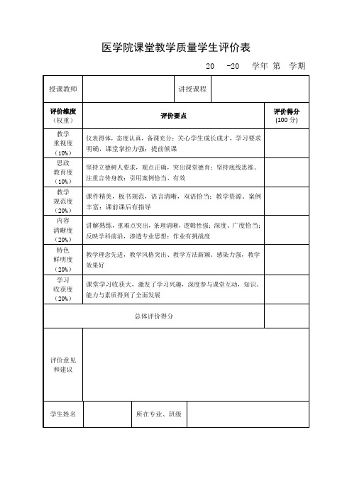 医学院课堂教学质量学生评价表