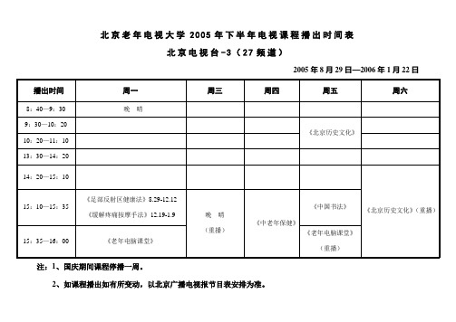 北京老年电视大学2005年下半年电视课程播出时间表