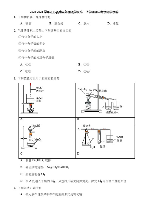 2023-2024学年江苏省南京外国语学校高一上学期期中考试化学试卷