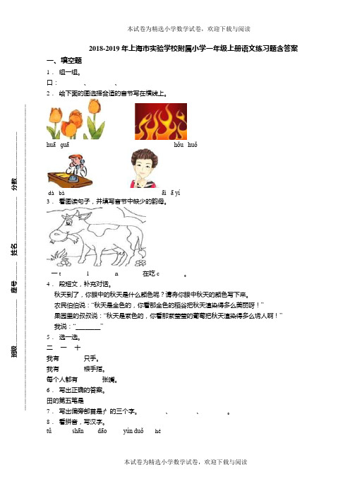 2018-2019年上海市实验学校附属小学一年级上册语文练习题含答案