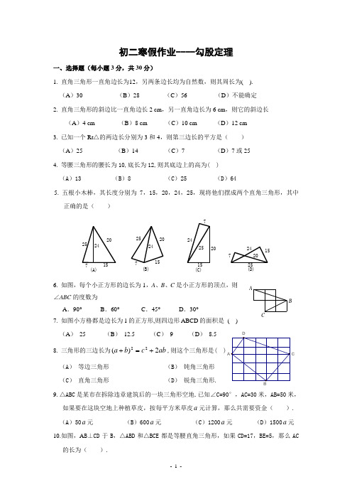 江苏省南通市启秀中学2013-2014学年初二上数学寒假试卷及答案(勾股定理)【苏科版 】