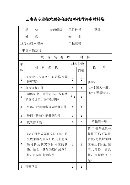 云南专业技术职务任职资格推荐评审材料袋