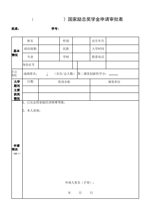 国家励志奖学金申请审批表