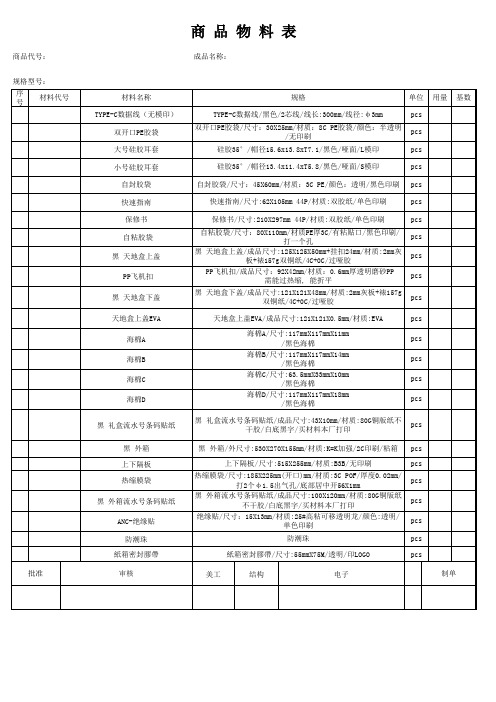 耳机工厂商品包装物料表清单模板