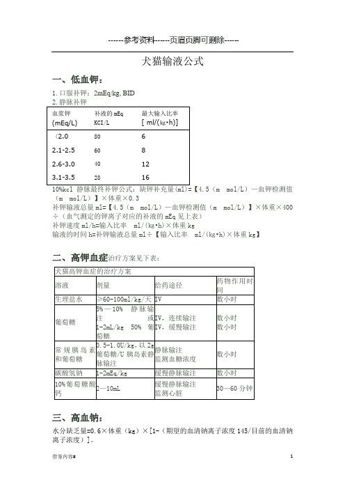 犬猫输液公式(特选借鉴)