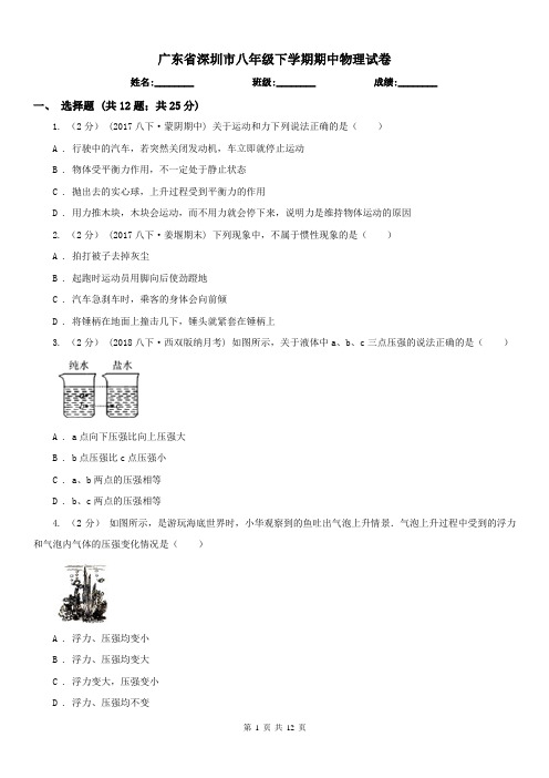 广东省深圳市八年级下学期期中物理试卷 