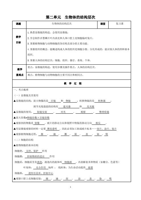 人教版七年级生物(上)第二单元生物体的结构层次复习教案