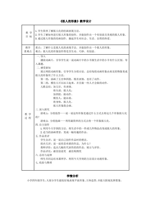 小学美术_拟人的形象教学设计学情分析教材分析课后反思