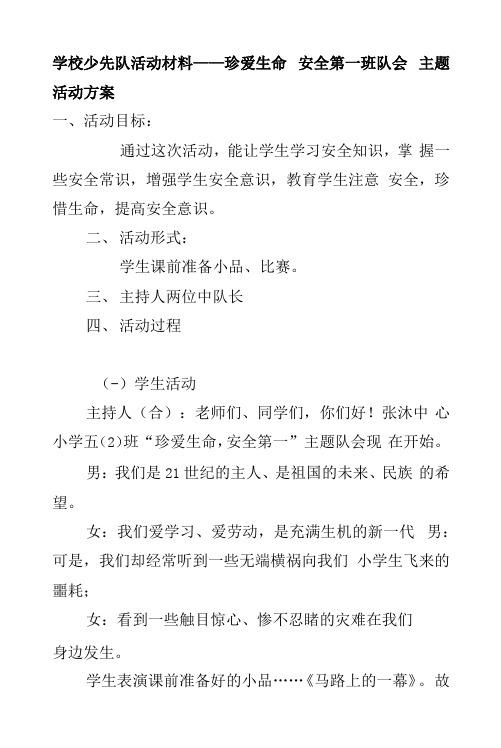 学校少先队活动材料——珍爱生命 安全第一 班队会主题活动方案