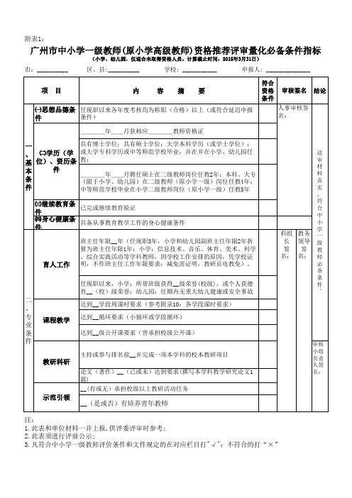 广州市中小学一级教师资格推荐评审量化评价条件指标 (中小幼20150317)