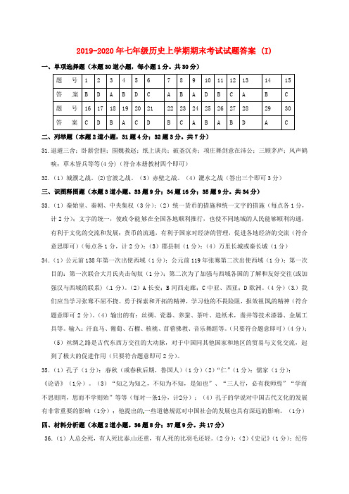 2019-2020年七年级历史上学期期末考试试题答案 (I)