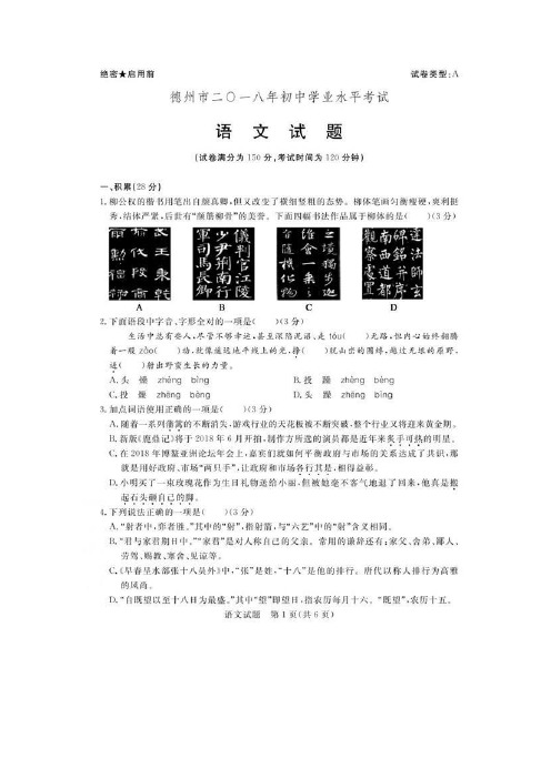 山东省德州、潍坊、威海、聊城四市2018年中考语文试题(含答案)